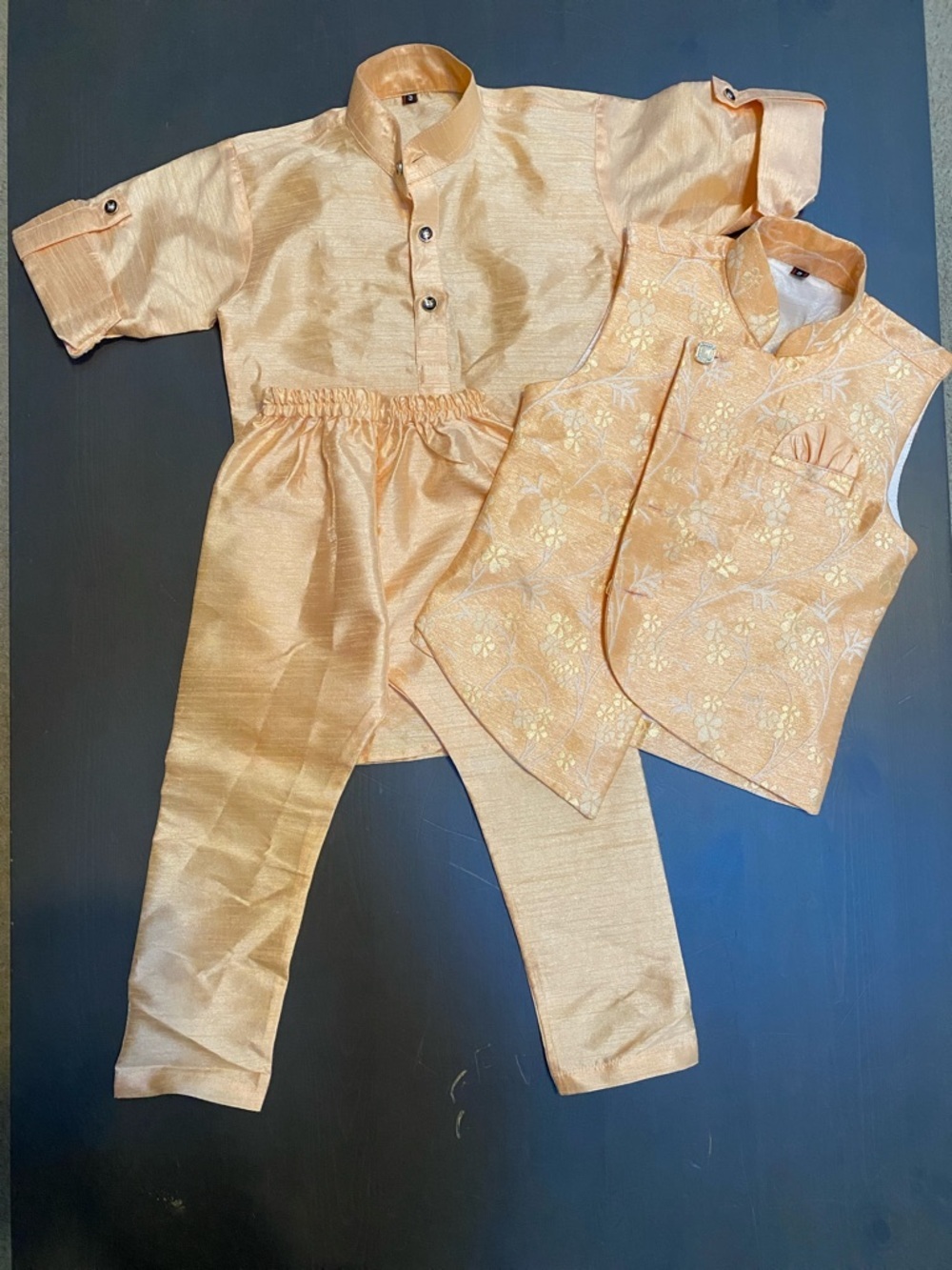 Boys Peach Kurta Pajama Set with Floral Brocade Nehru Jacket Size 3T Traditional